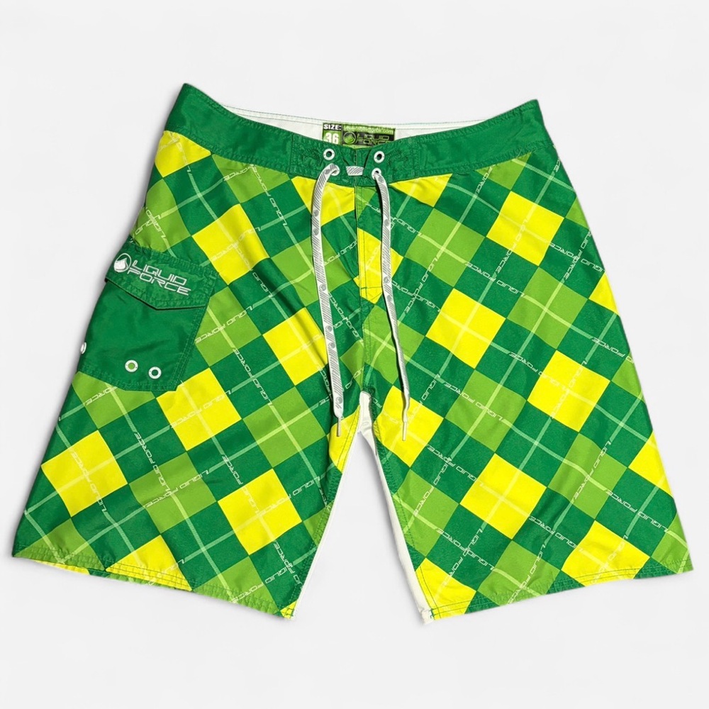 Vintage Liquid Force Checkered Boardshorts Mens 36 Green/Yellow